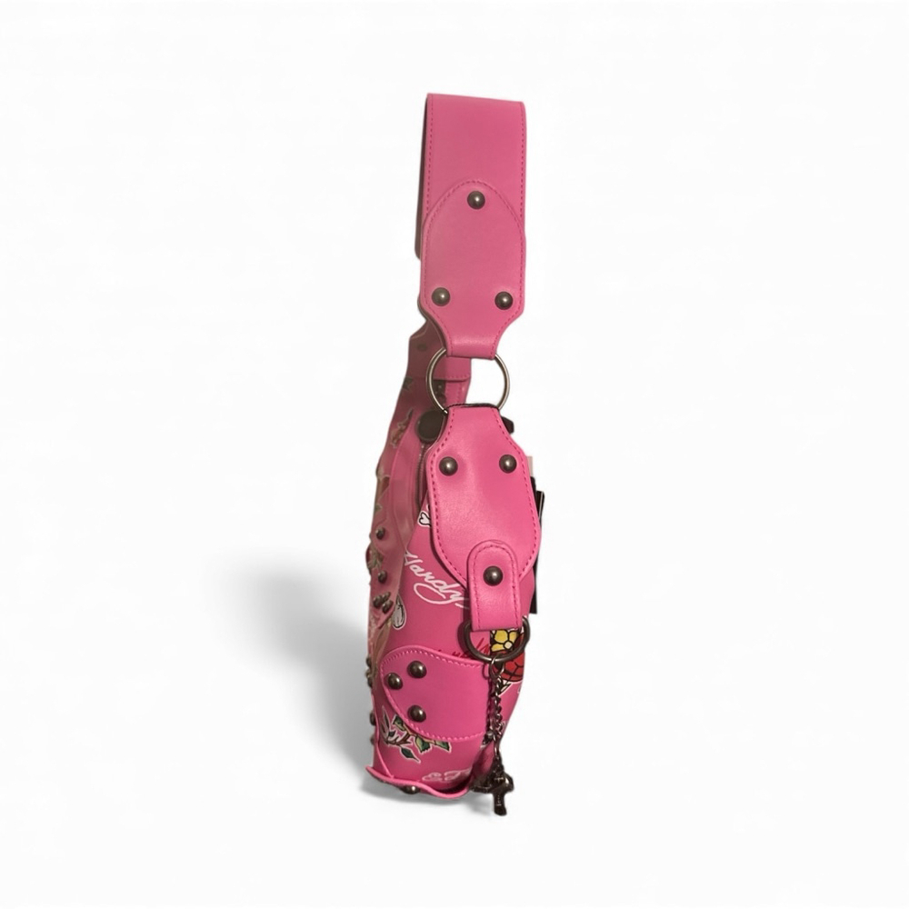 Ed Hardy Candy Pink Skulls Hearts & Roses Small Studded Hobo Shoulder bag charms - Picture 2 of 10